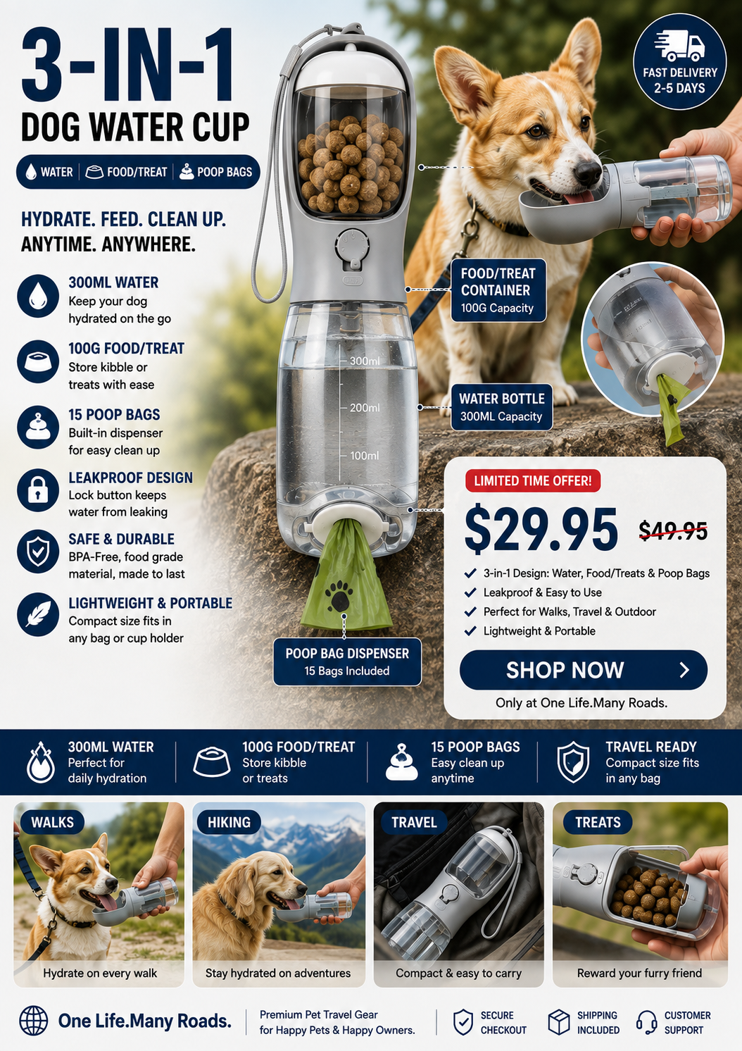 3-in-1 Portable Dog Water Bottle with Food & Poop Bag Dispenser