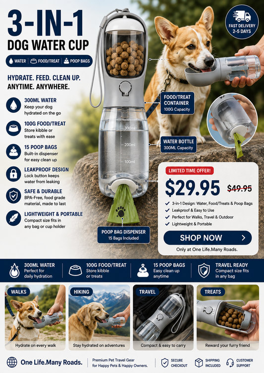 3-in-1 Portable Dog Water Bottle with Food & Poop Bag Dispenser